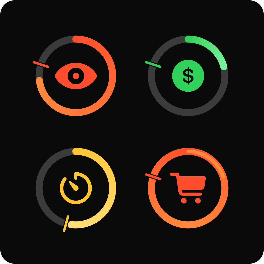 Four rings at large size on the app's near-black panel. Each carries a pace tick: the arc short of the tick is behind, level with it is on pace, a full ring has closed, and a second thinner lap over the first is past the target.